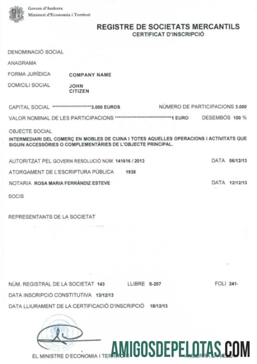 Andorra Business Registration Certificate amostra